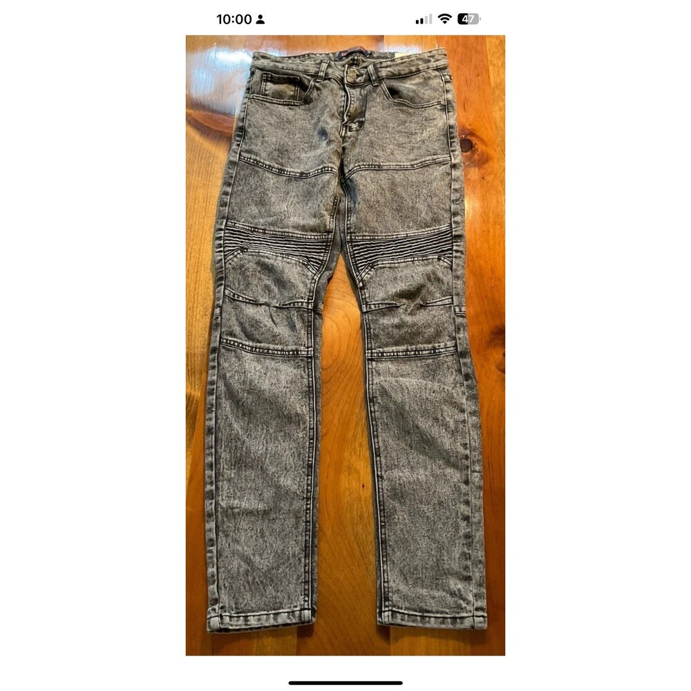 Ferruche Skinny Fit Double Knee Moto Jeans Mens Size 30x32 Black Acid Wash Y2K